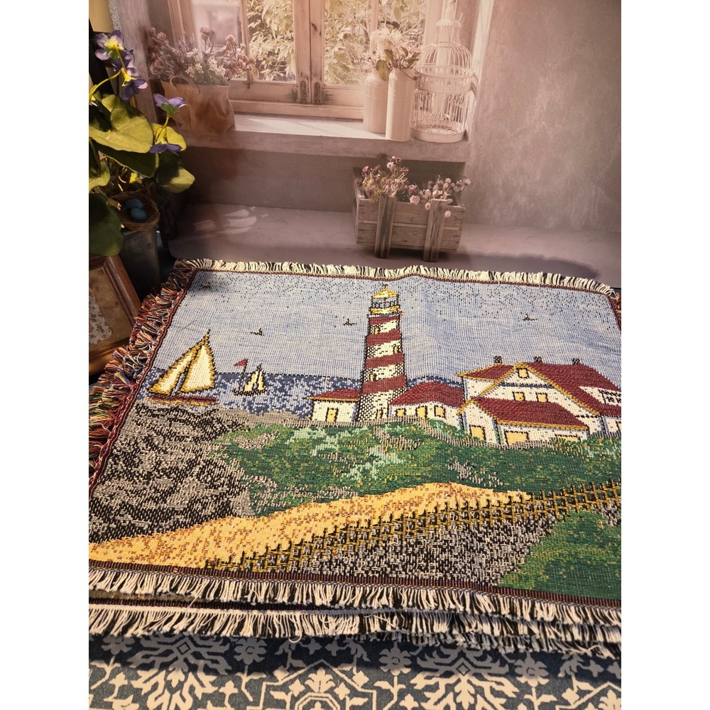 😎Vintage Nautical Woven Tapestry Placemats Set of 6 Lighthouse Sailboat Coastal